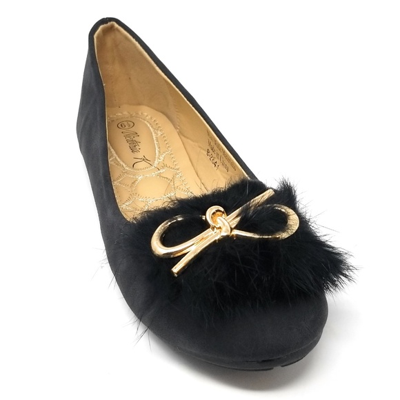 Victoria K Shoes - Feather Embellished Bow Flats, B-2641, Black